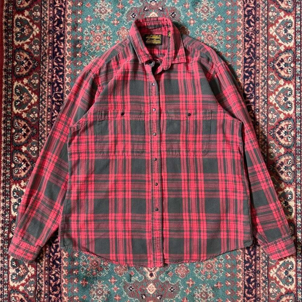 Vintage Eddie Bauer Red Plaid Flannel Snap Button Shirt Size M